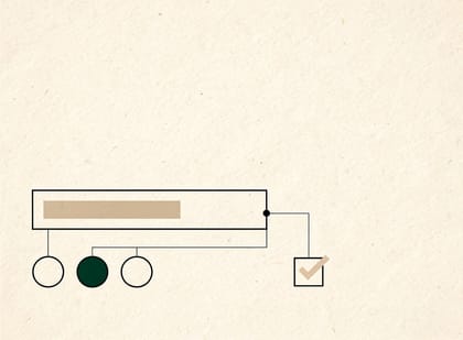 Geometric illustration of a product option form: an input field, selection circles and a checkbox