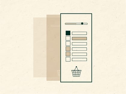 Geometric illustration of a slide-out cart drawer with list rows and progress bar