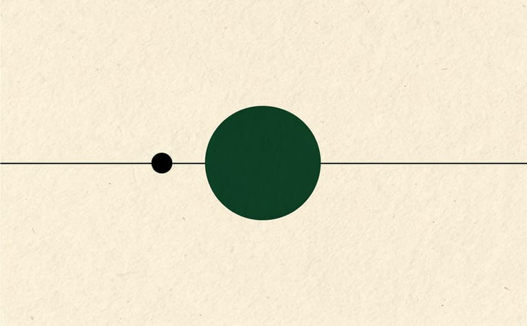 A small ink dot and a large forest-green disc resting on a single hairline rule: the base price and the fee added to it