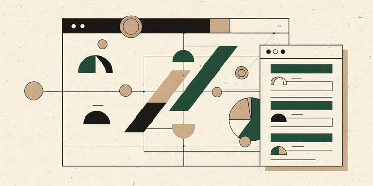 Abstract geometric illustration of modular commerce software panels in ink, forest green and sand on paper