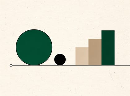 Geometric illustration of a coin disc and tiered bars resting on a hairline baseline